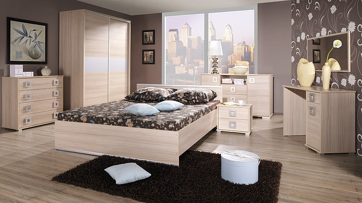 brown wooden bed frame, design, the city, style, room, interior, HD wallpaper