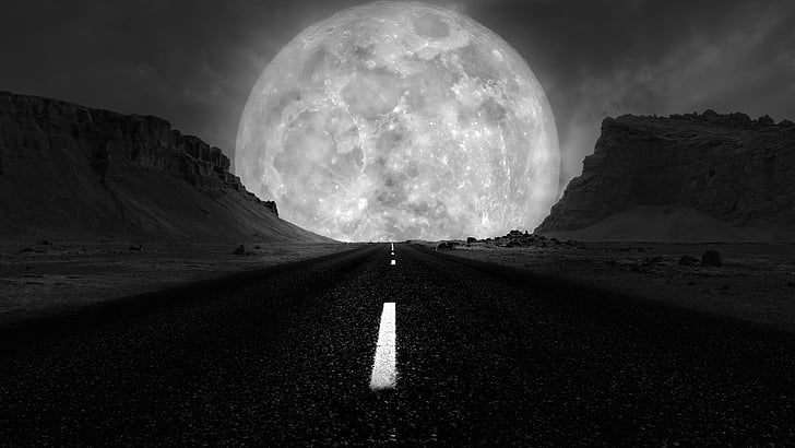 black, nature, black and white, sky, full moon, supermoon, road, HD wallpaper