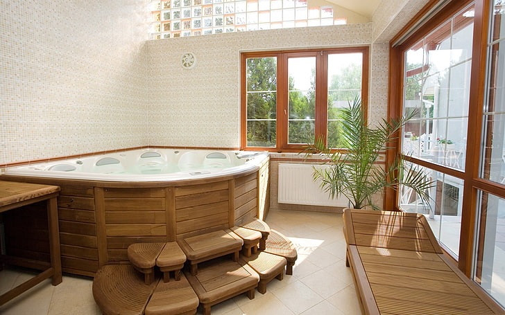brown and white hot tub, bathroom, comfort, design, window, indoors