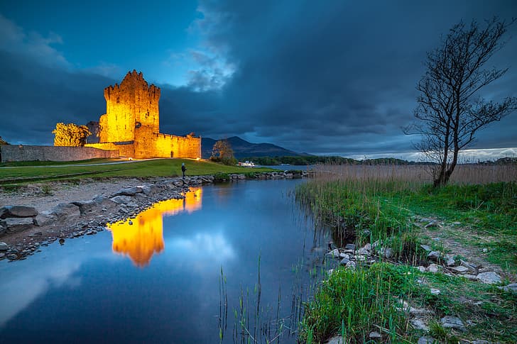 lake, reflection, castle, tree, Ireland, Kerry, Ross Castle