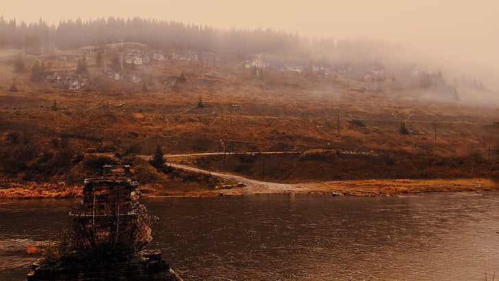 landscape, lake, river, water, hill, mist, building, ruin, road, HD wallpaper