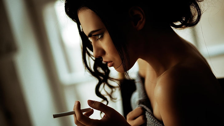 women, face, cigarettes, dark hair, smoking, brown eyes, Caucasian, HD wallpaper