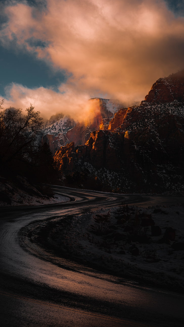 gray road, mountains, turn, sunset, zion national park, united states, HD wallpaper