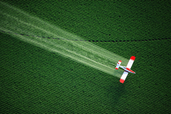 white monoplane, field, aircraft, aerial view, Agricultural Plane