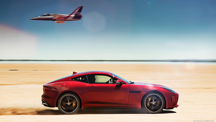 red coupe, Jaguar F-Type, car, jet fighter, desert, mode of transportation