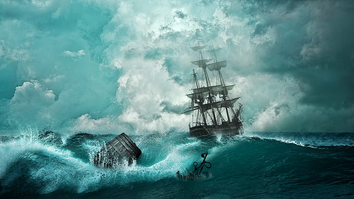 4K, Ocean, Pirate ship, HD wallpaper