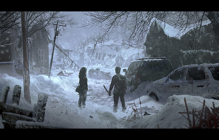man and woman in town artwor, The Last of Us, snow, abandoned