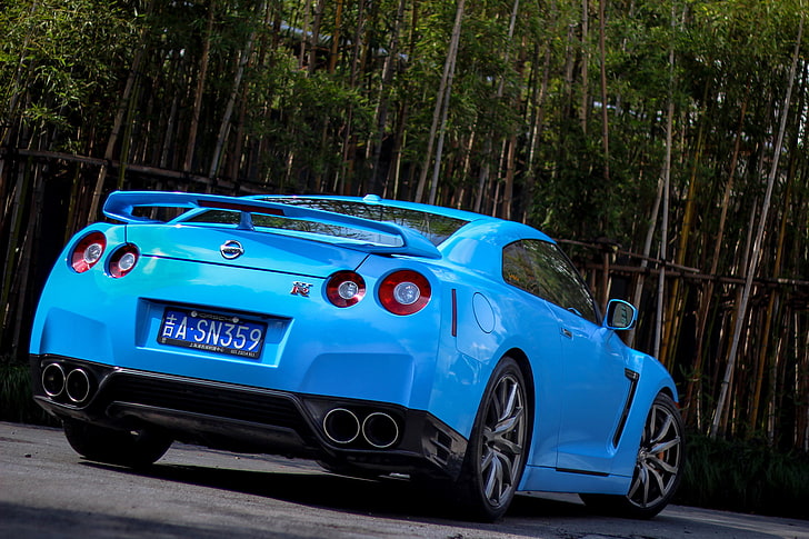 blue Nissan GTR coupe, r35, bumper, rear view, car, sports Car