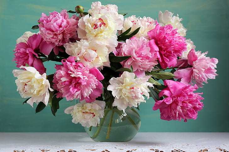 flowers, bouquet, vase, pink, white, peonies, still life