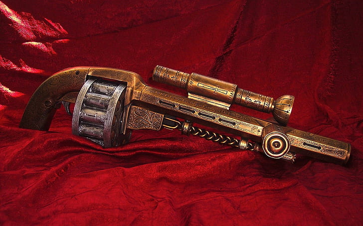 Vintage Gun, brass, revolver, 3d and abstract
