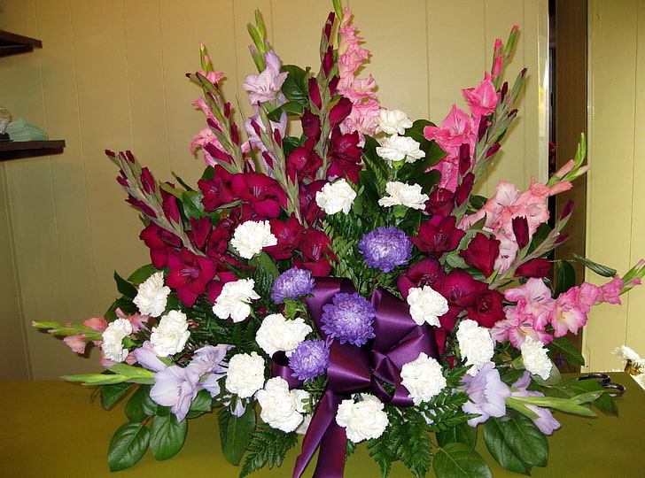 assorted-color flower arrangement, gladioli, chrysanthemums, carnations, HD wallpaper