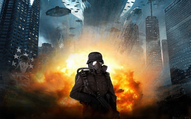 Iron Sky Soldier, a soldier, automatic, fire, explosion, skyscrapers