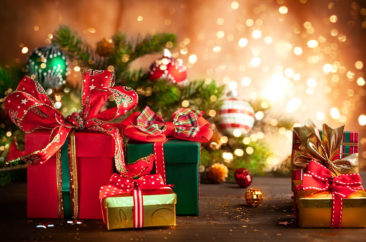 holiday, Christmas, lights, Christmas ornaments, presents, HD wallpaper
