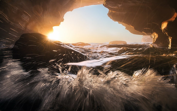 brown cavbe, macro, water, cave, rocks, Sun, sunset, waves, Cameron Sandercock, HD wallpaper