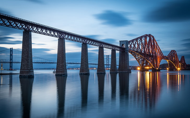 brown wooden framed glass top table, Forth Bridge, Scotland, evening