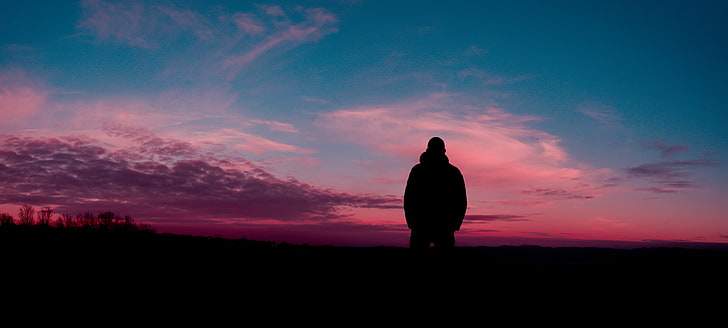 silhouette of man, sky, night, sunset, nature, people, back Lit