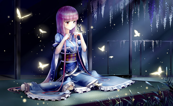 purple haired female anime character 3D wallpaper, Japanese clothes