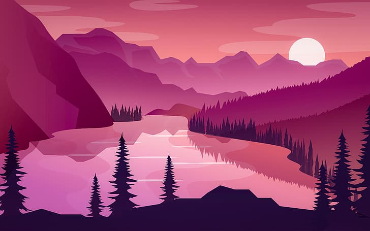 vector, landscape, forest, mountains, sunset
