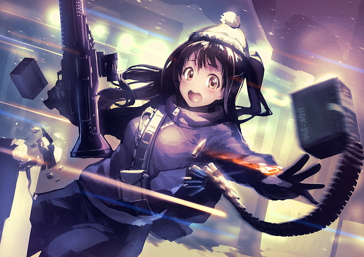 anime, anime girls, long hair, M60, gun, weapon, representation, HD wallpaper