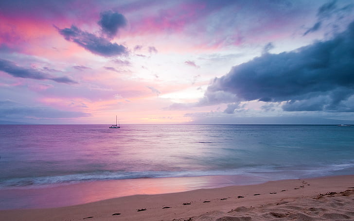 Blissful Paradise, beach, boat, purple, sunset, water, sea, summer, HD wallpaper