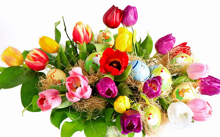 Holidays Easter tulip flowers and eggs, multicolored tulips bouquet