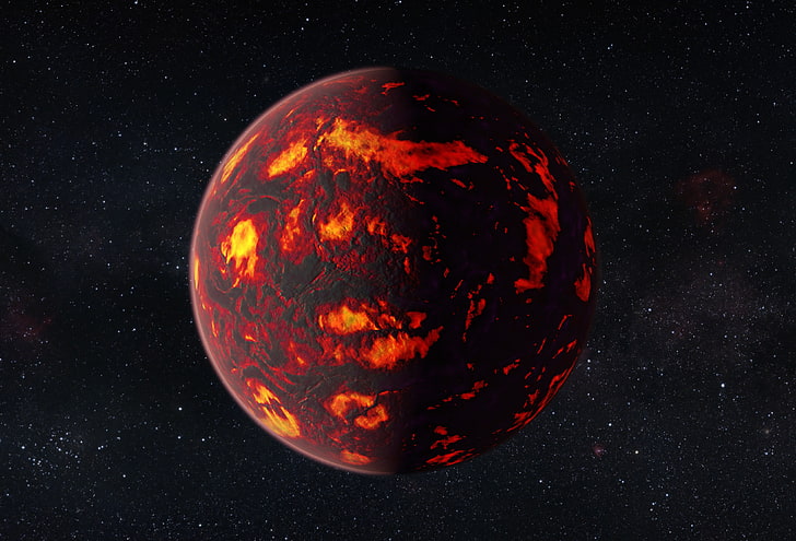 red and black planet, space, universe, exoplanet, burning, stars
