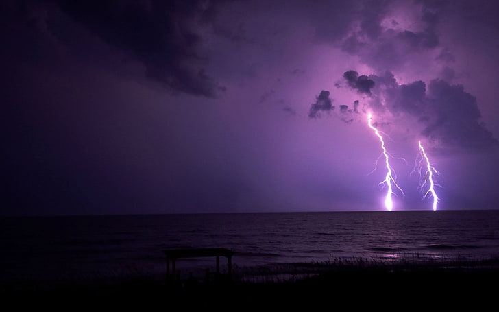 time-lapse photo of lightning, nature, silhouette, night, purple, HD wallpaper