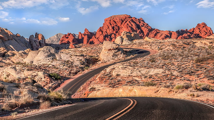 clouds, Desert, landscape, mountain, nature, Nevada, road, rock, HD wallpaper