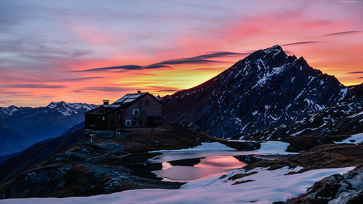 orange sky, highland, pink sky, morning, dawn, cloud, mountain range, HD wallpaper