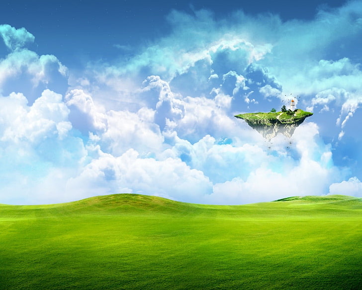 blue sky, simple background, floating island, digital art, landscape