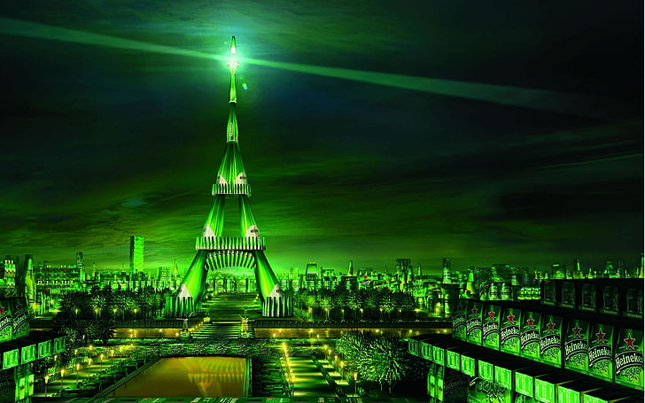 green tower illustration, Paris, Heineken, city, beer, architecture