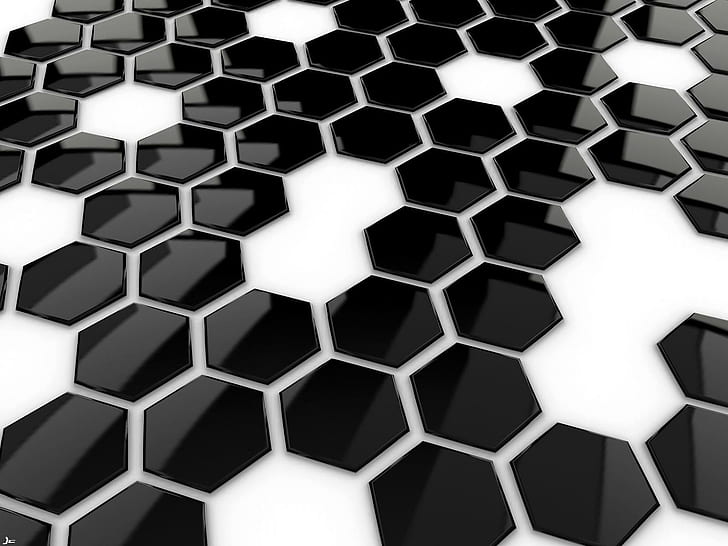 Honeycomb shape, black and white honeycomb studded decor, 3d and abstract