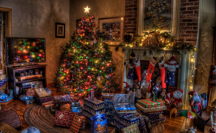 Christmas tree and gift boxes wallpaper, presents, fireplace, HD wallpaper