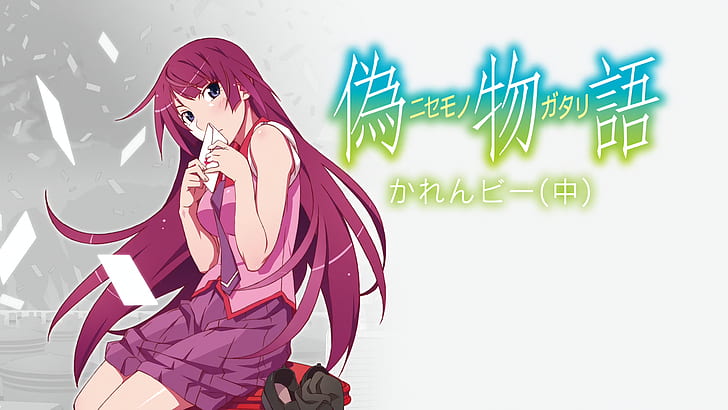 anime, anime girls, Senjougahara Hitagi, purple hair, school uniform, HD wallpaper