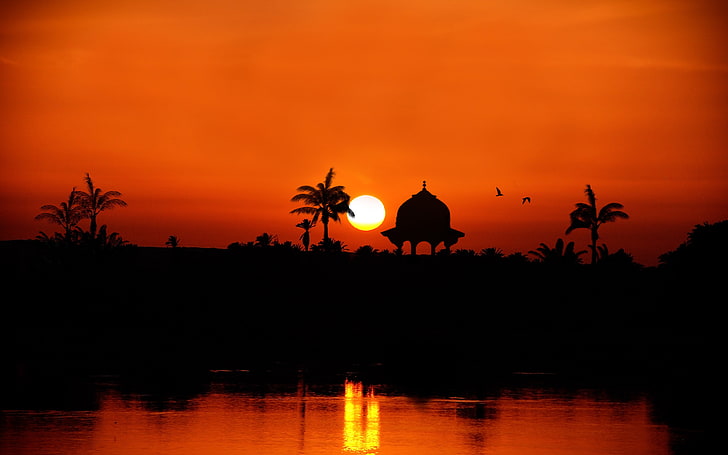 Sun, silhouette, sunset, water, sky, orange color, reflection, HD wallpaper