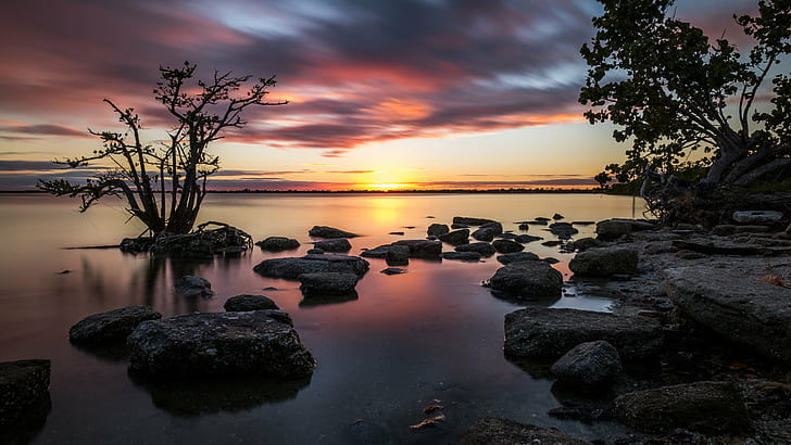 photo of gray rocks and green trees near body of the water, florida, florida