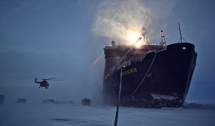Winter, Ice, Helicopter, Icebreaker, The ship, Russia, Spotlight, HD wallpaper