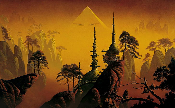 fantasy art roger dean temple cliff pyramid trees eyes, plant, HD wallpaper