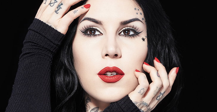 Kat Von D, women, tattoo, Tattoo Artist, red nails, red lipstick, HD wallpaper