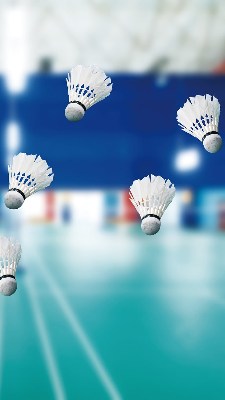 Badminton, five white badminton shuttlecocks, Sports, no people