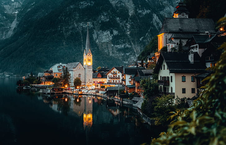 town, church, Switzerland, Austria, lake, mountains, valley, HD wallpaper