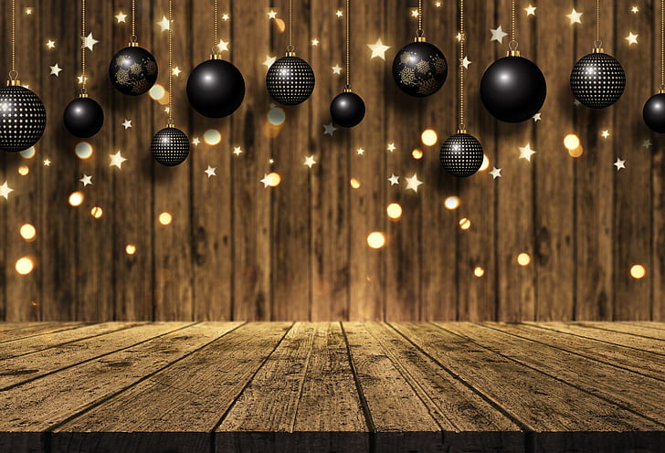 background, Board, golden, christmas, new year, balls, wood, HD wallpaper