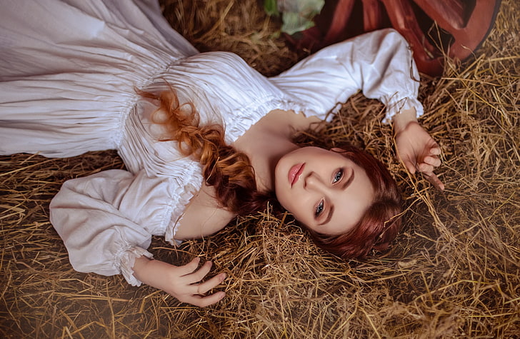 women, model, redhead, looking at viewer, lying on back, dress