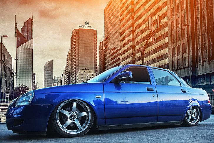 blue sedan, Lada, Priora, stance, Vaz, 2170, car, cityscape, urban Scene, HD wallpaper