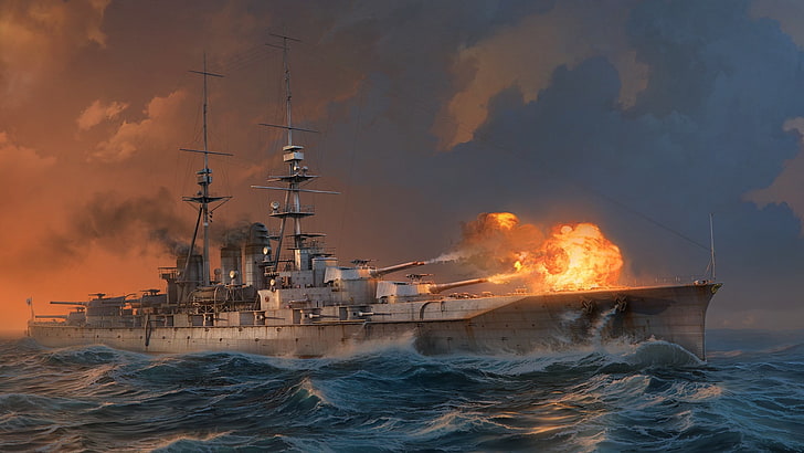 battleship wallpaper, Water, Sea, Wave, Smoke, Shot, Wargaming Net