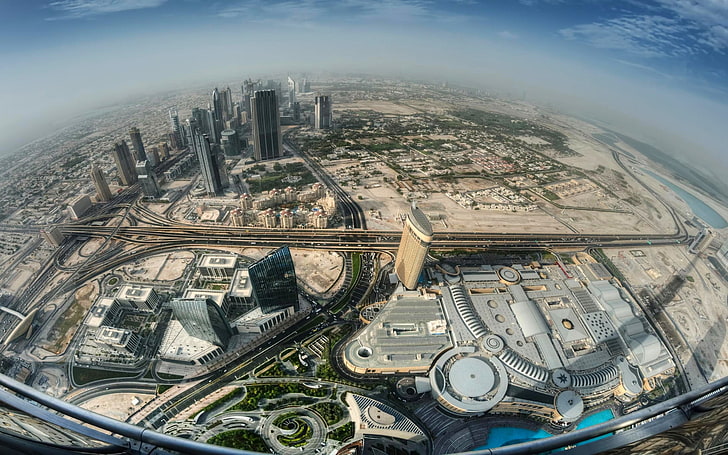 aerial view of city buildings, landscape, skyscraper, highway