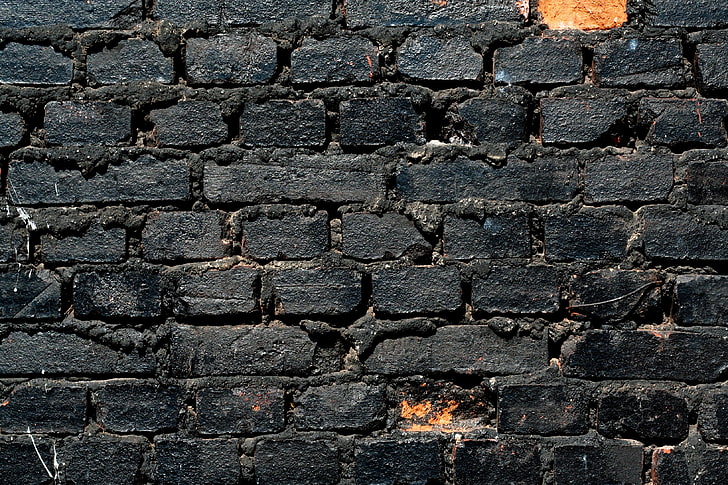 black wall brick, texture, textured, backgrounds, full frame, HD wallpaper
