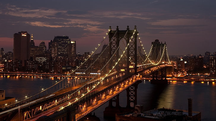 city, USA, New York City, bridge, night, Manhattan Bridge, architecture, HD wallpaper
