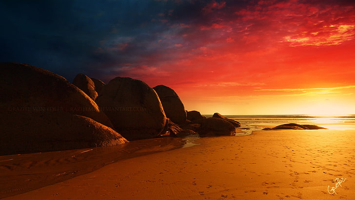 brown rock formation near ocean water during orange sunset, beach, HD wallpaper