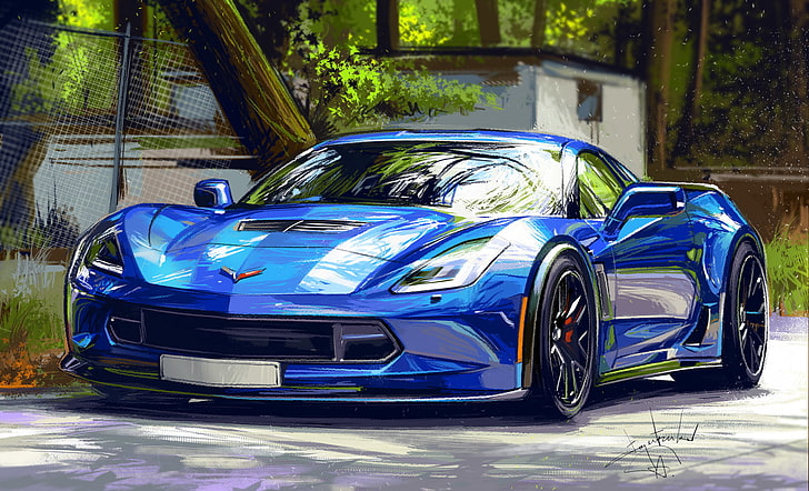 blue Corvette coupe, Aleksandr Sidelnikov, car, vehicle, painting
